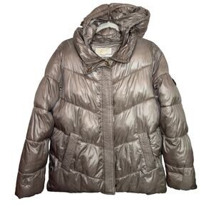 MICHAEL KORS Metallic Champagne Puffer Jacket Size L Hooded Ciré Quilted Coat